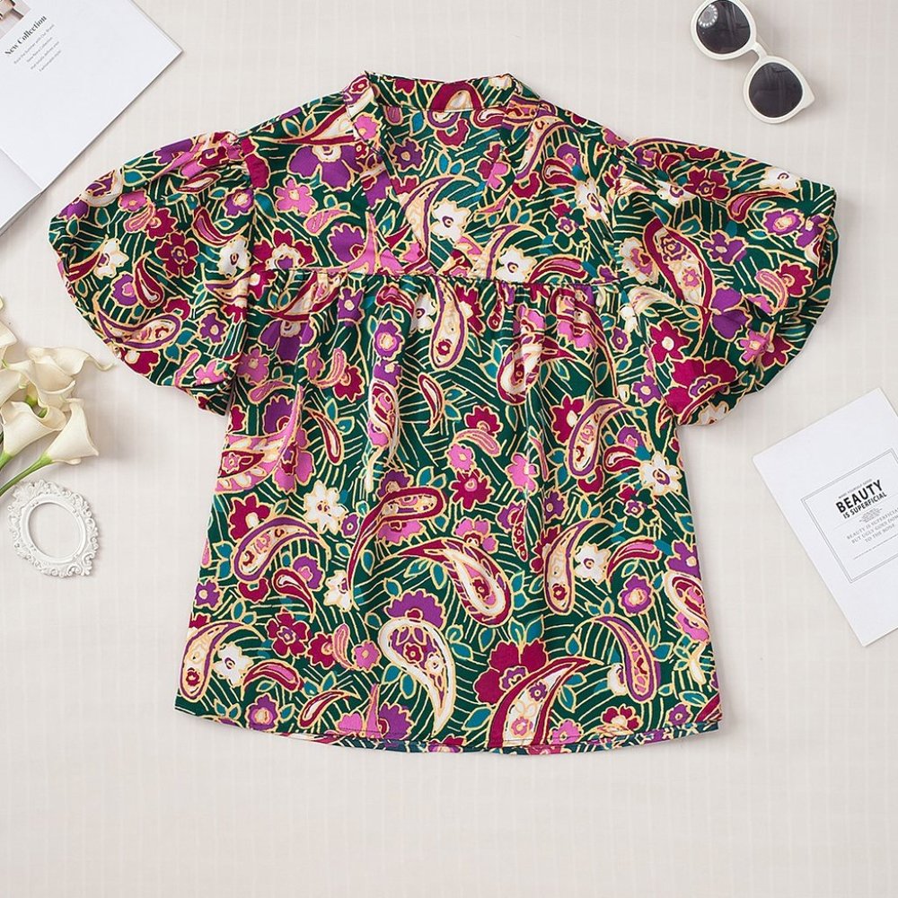 Green V Neck Short Bubble Sleeve Paisley Blouse
